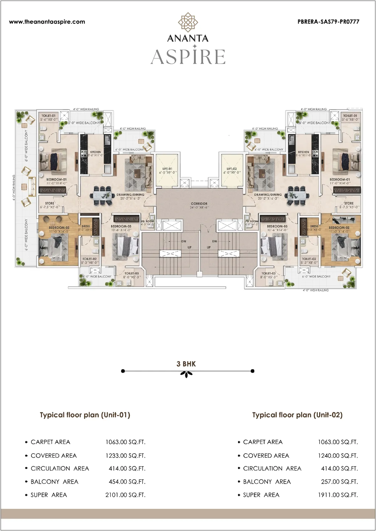 3 BHK 2,101 sq ft floor plan