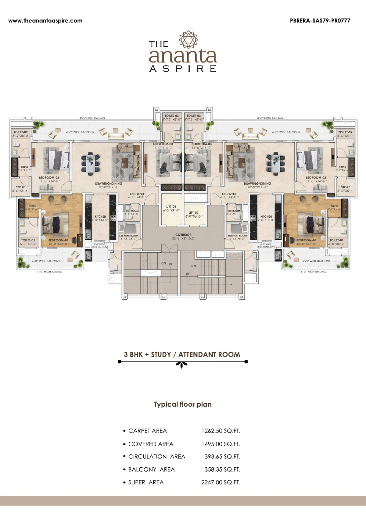 3 BHK + Study 2,247 sq ft floor plan