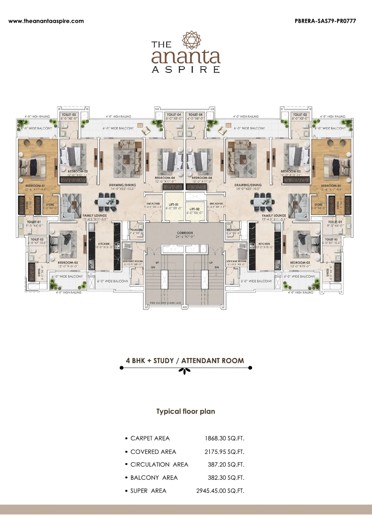4 BHK + Study 2,945 sq ft floor plan
